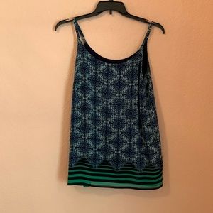 CABi Cami.  Blue pattern with Kelly green and navy stripe at bottom.